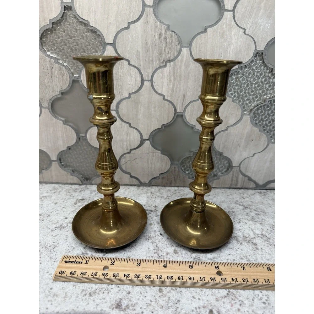 Vintage Brass Candle Stick Holders Set of 2 Cottage Core Decor Hong Kong 9